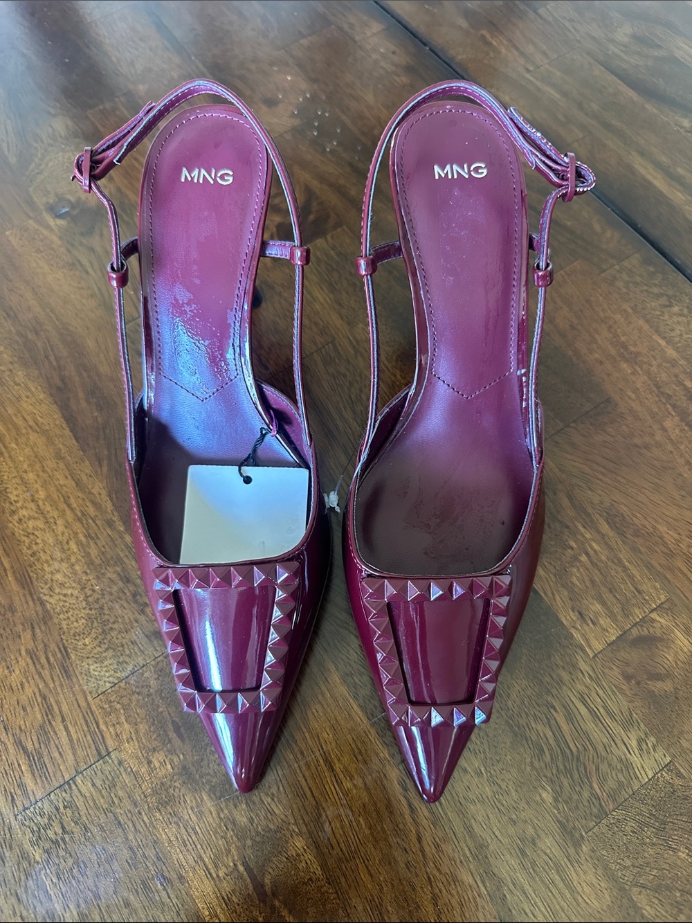 Mango Wine Red Patent Pointed Slingback Pumps with Studded Buckle - Picture 3 of 10